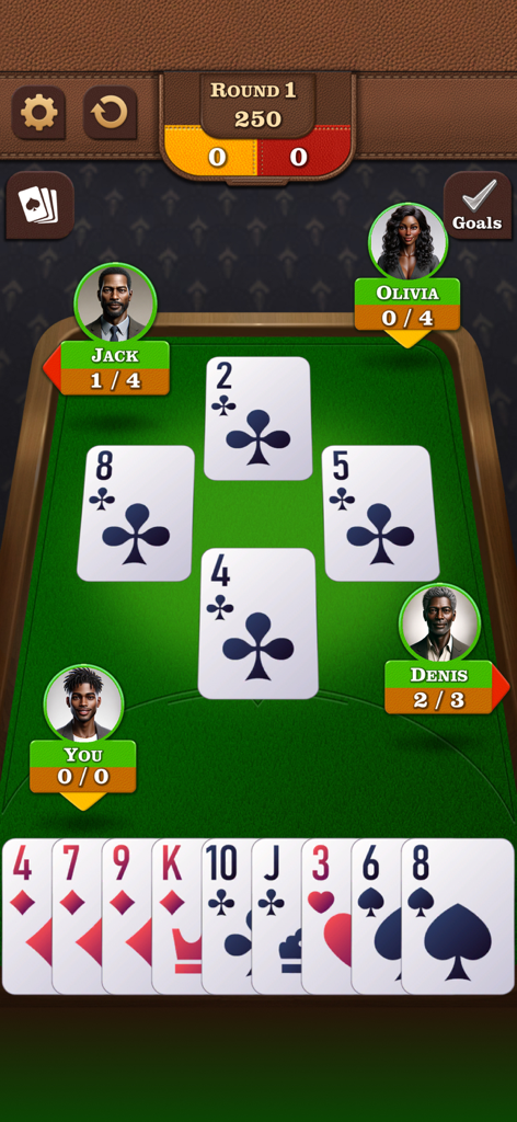 A classic Spades card game interface showing four digital players at a virtual table with cards in play
