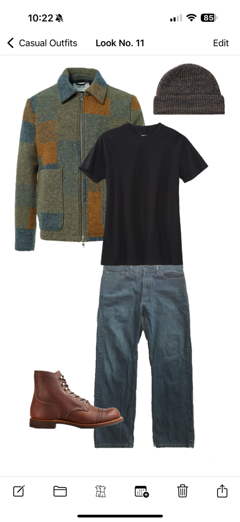 Stylebook Men - A magazine-style collage of a men's casual outfit including a jacket, t-shirt, jeans, and leather boots.