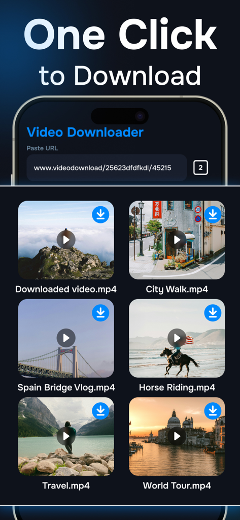 Video Downloader - HD Download - Una pantalla de aplicación móvil titulada "Un clic para descargar" que muestra un campo para pegar una URL y una galería de videos MP4 guardados, incluidos vlogs y clips de viajes.