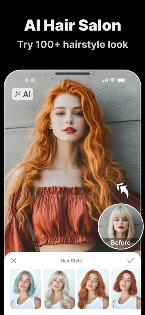 Snapana: AI Video Generator - AI hair salon interface showing a woman trying on different hairstyles and colors