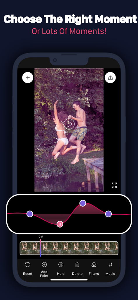 Slow Motion Video Maker Editor - Slow motion video editor app interface showing speed ramping tools and a video preview of a couple jumping into water