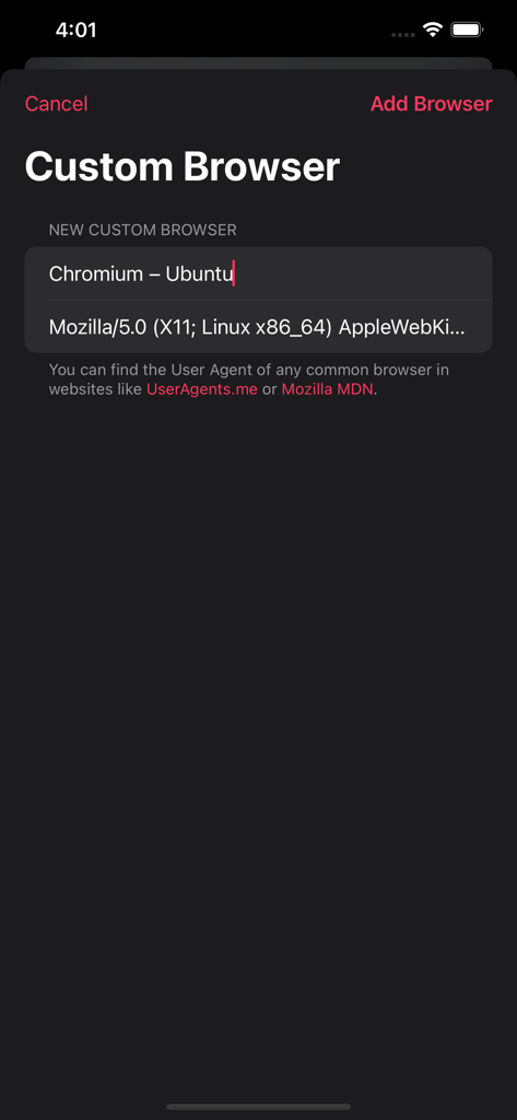 BrowserMask for Safari - Custom browser setup in BrowserMask showing user agent input fields