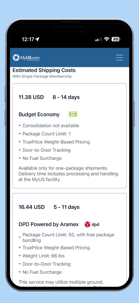 Interfaz de la app MyUS que muestra costos de envío internacional estimados y opciones de entrega