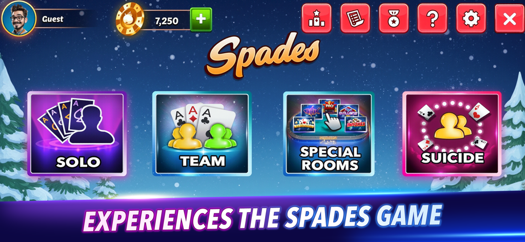 Spades Bid Whist: Card Games - Pantalla del menú principal de Spades Bid Whist mostrando varios modos de juego, incluyendo Solo, Equipo, Salas Especiales y Suicidio.