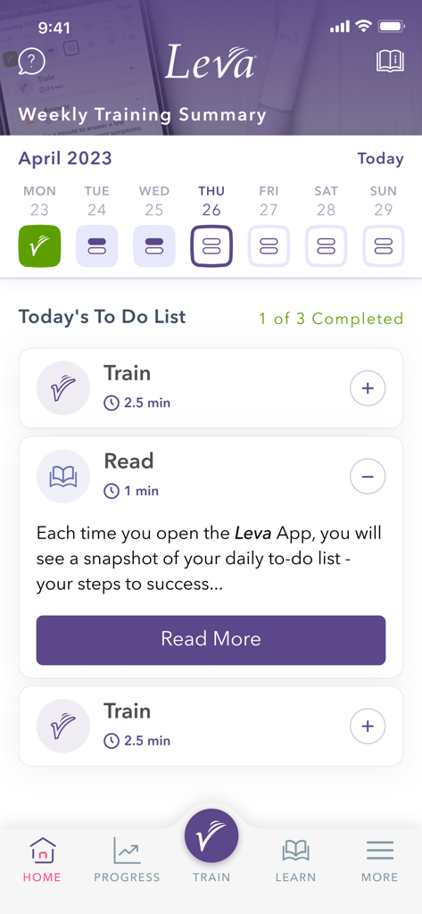 Leva - Leva app home screen showing a weekly training summary and daily tasks for pelvic health exercises
