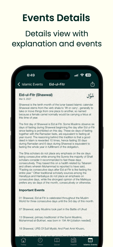 Detailed view of Islamic events in the app explaining Eid ul Fitr and the month of Shawwal