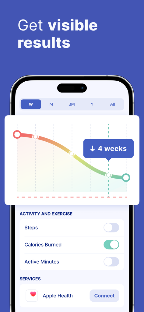 Omo app interface showing a weight loss progress graph and activity tracking features