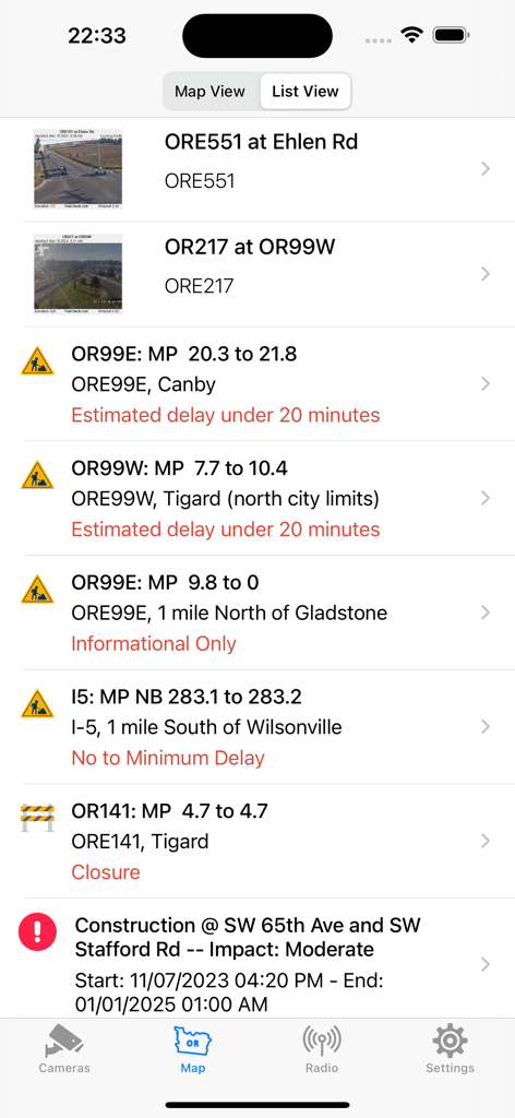 Oregon Road and Traffic Cams - List of Oregon traffic cameras and road incident reports showing delays and closures