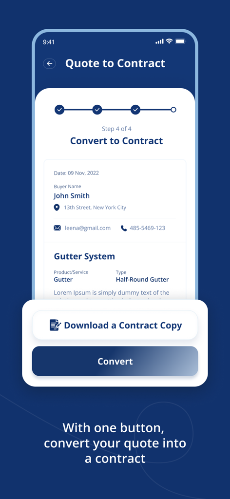 Interface of Gutter App showing the process of converting a digital quote into a professional contract for gutter services.