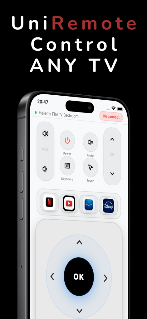 TV Remote Controller: Touchpad - UniRemote universal TV control app interface on iPhone featuring navigation buttons and streaming shortcuts