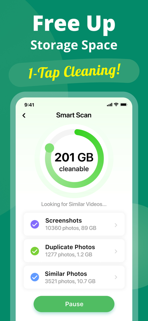 Phone CleanerㆍClean Up Storage - Interfaz de la aplicación Phone Cleaner que muestra los resultados de un escaneo inteligente de fotos duplicadas y capturas de pantalla para liberar almacenamiento.