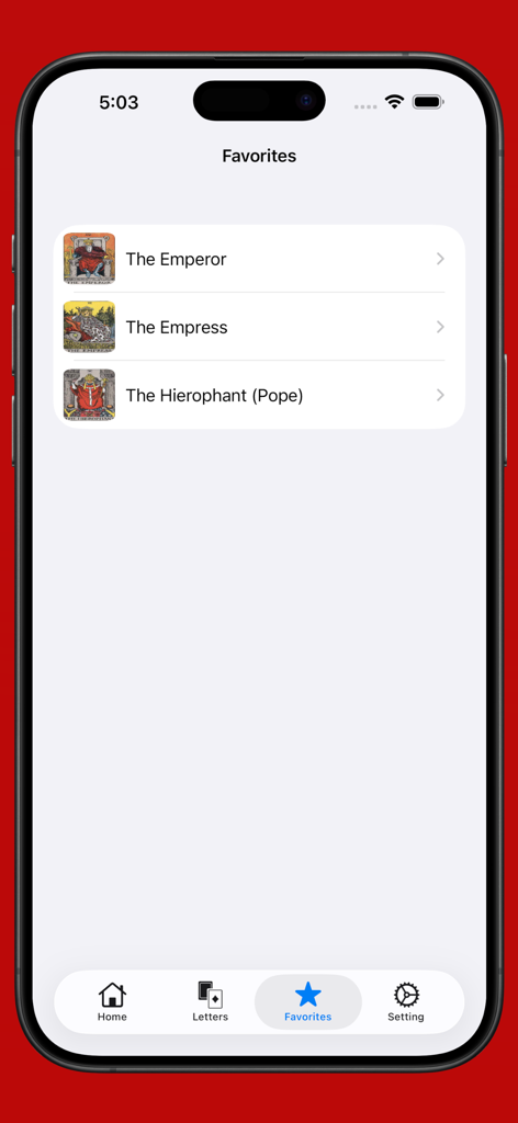 Tarot cards with meaning - Tarot app screen displaying a list of favorite cards like The Emperor and The Empress