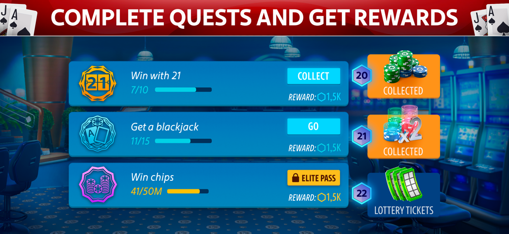 Blackjack 21 game interface showing daily quests and rewards for players.