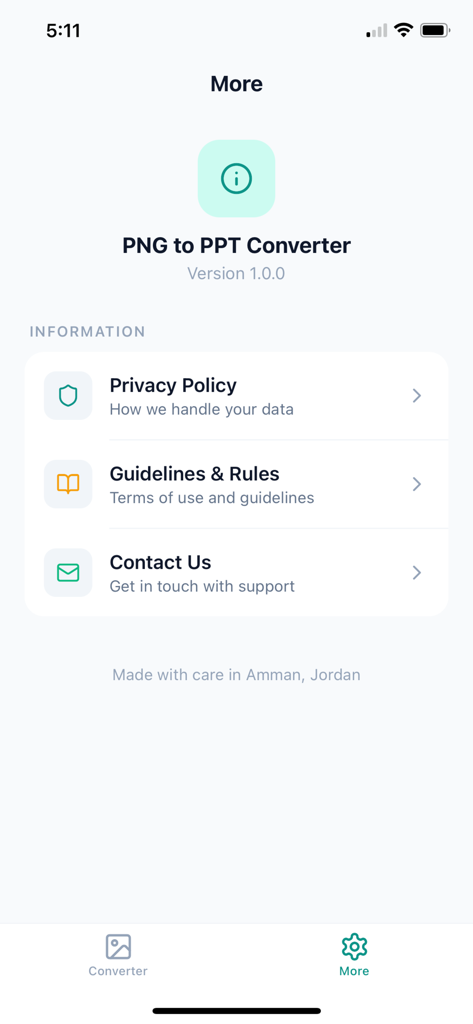 PNG to PPT Converter - Settings screen of the PNG to PPT Converter app showing options for Privacy Policy Guidelines and Contact Us.