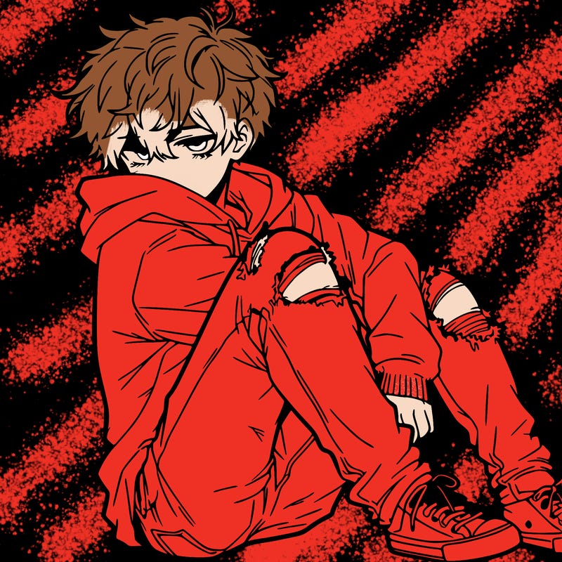a male hoddie ripped jeans messy hair anime