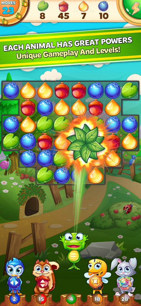 Forest Rescue: Match 3 Puzzle - Forest Rescue match 3 gameplay featuring cute animals and a leaf power up activation