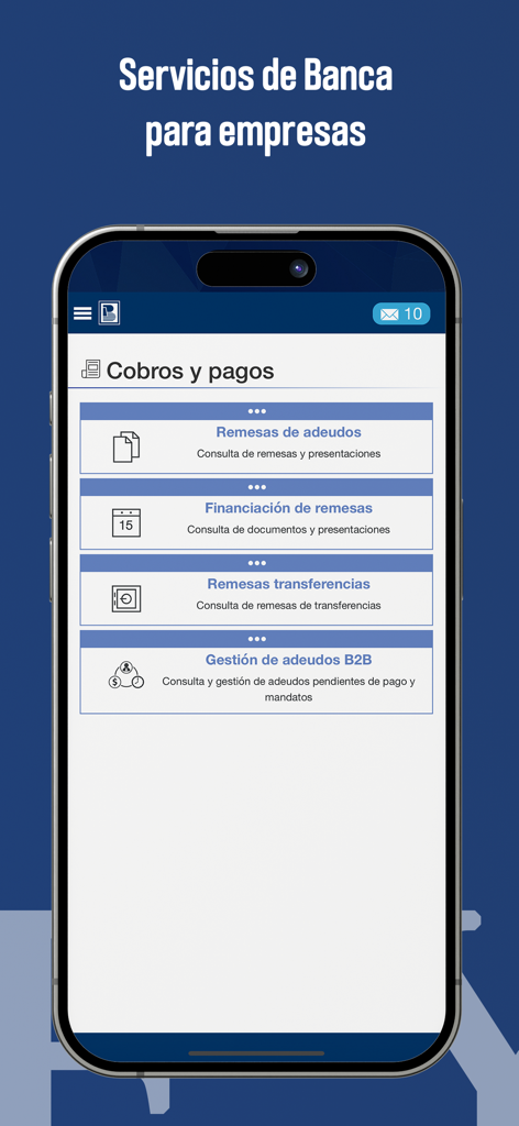 e-pueyo - Pantalla de la app móvil e-pueyo mostrando opciones de banca de empresas para cobros y pagos