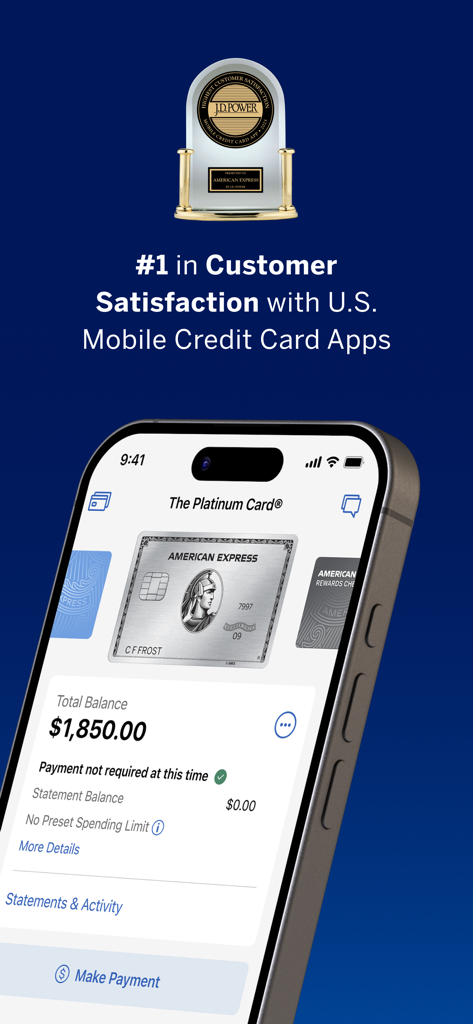 Aplicativo móvel American Express exibindo o saldo da conta Platinum Card e um prêmio J.D. Power por satisfação do cliente.