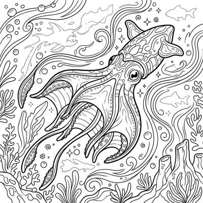 Discover the mysterious Vampire Squid, an extraordinary deep-sea creature, in this intricate coloring template. Immerse yourself in an underwater world filled with fascinating details, perfect for a relaxing and creative escape.