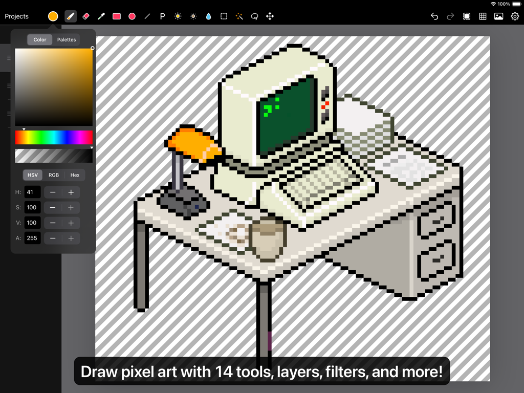 Interface of the Pixen pixel art editor on iPad showing a drawing of a retro computer on a desk