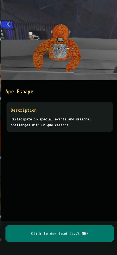 Ein Vorschau-Bildschirm für das Ape Escape Event in Gtag Mods für Gorilla Tag, der einen benutzerdefinierten Gorilla-Skin und einen Download-Button zeigt.