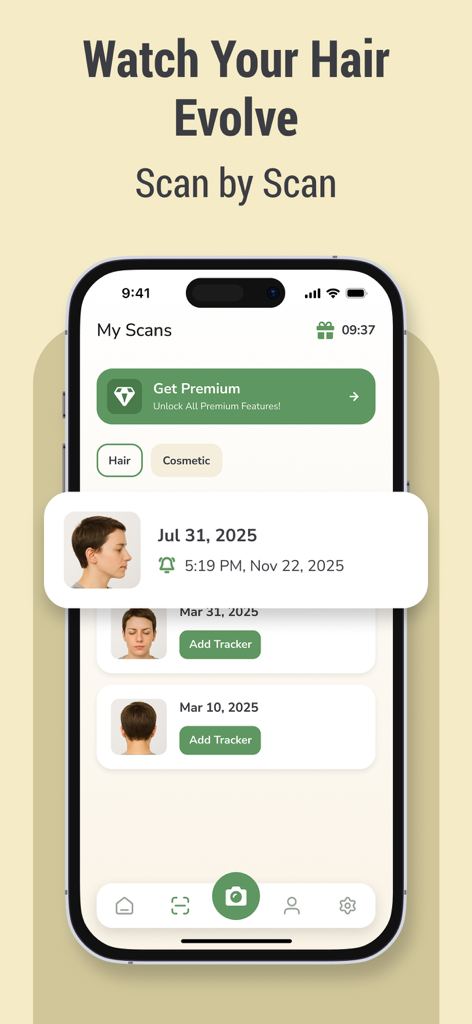 Hair Snap: AI Hair Scanner - Smartphone display of the Hair Snap app showing historical scalp and hair scans with dates