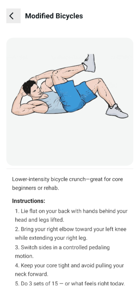 30 day Workout - Workout30 - Modified Bicycles exercise instructions for core beginners in the Workout30 app.
