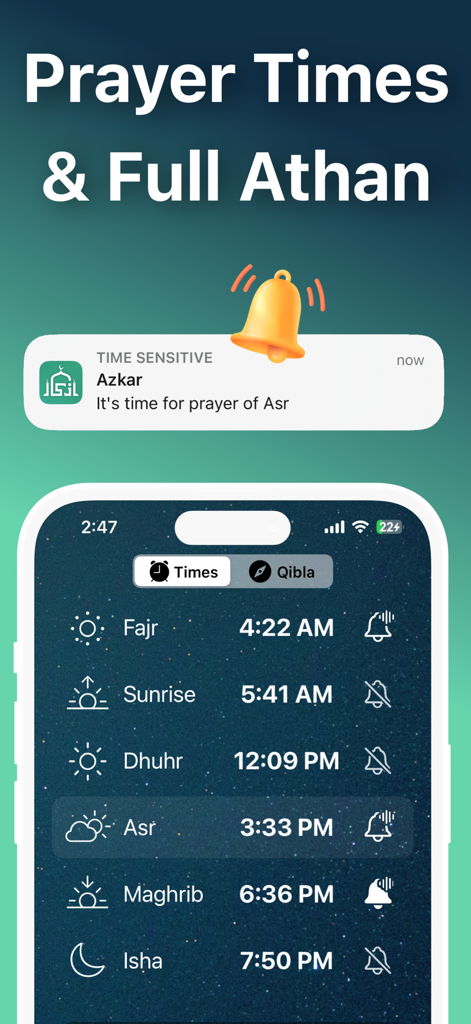 Azkar - اذكار : Athan & Prayer - Interface d'application mobile affichant les heures de prière islamiques quotidiennes et une alerte de notification push pour la prière de l'Asr
