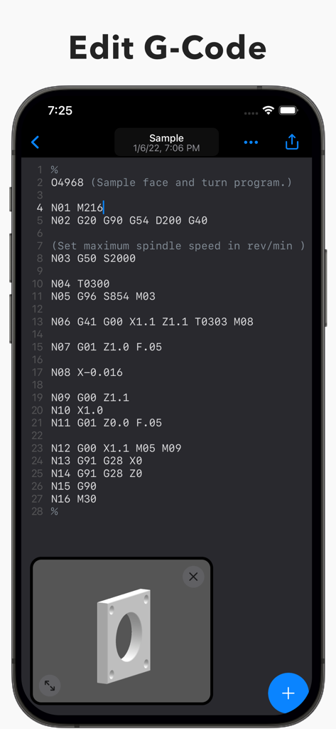 Mobile interface of Sequence app showing G-code editing and a 3D model preview of a mechanical part.