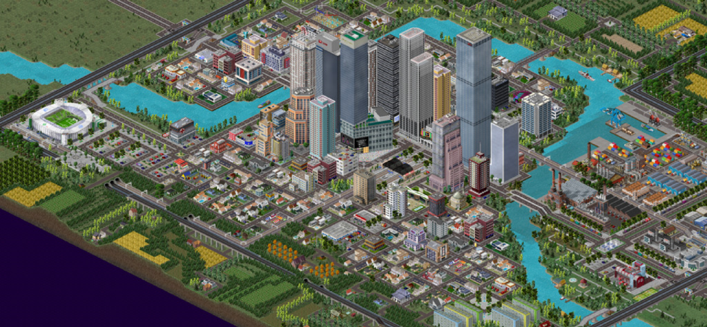TheoTown - Top down pixel art view of a bustling city with massive skyscrapers and a sports stadium in TheoTown