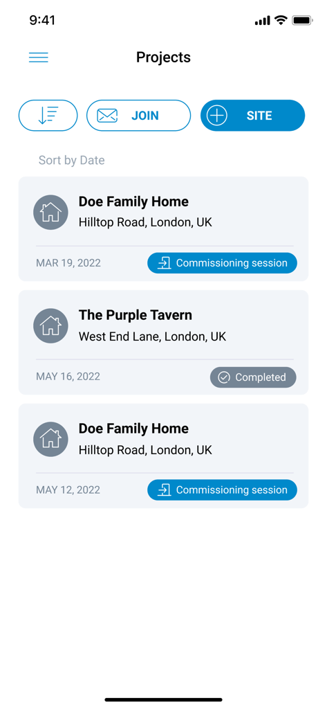 Projects list in the WiZ Pro Setup app showing commissioning status for different site locations