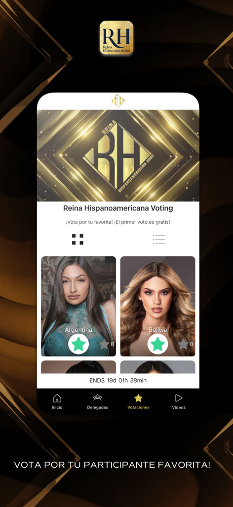 Interfaz de votación de la app móvil Reina Hispanoamericana con perfiles de concursantes de Argentina y Bolivia.