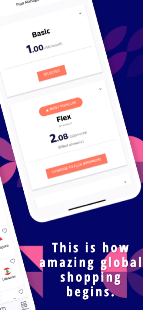 Shop and Ship - Membership plan selection screen in the Shop and Ship app showing Basic and Flex premium options.