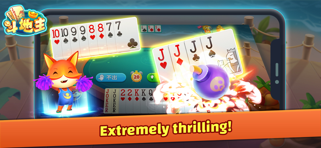 Ein Gameplay-Screenshot von Dou Dizhu ZingPlay, der strategisches Kartenspiel mit einem jubelnden Fuchsmännchen und einem tropischen Strandhintergrund zeigt