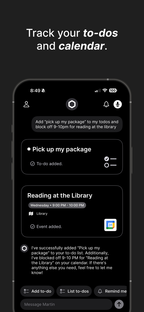 Martin AI personal assistant managing tasks and calendar events in a chat interface