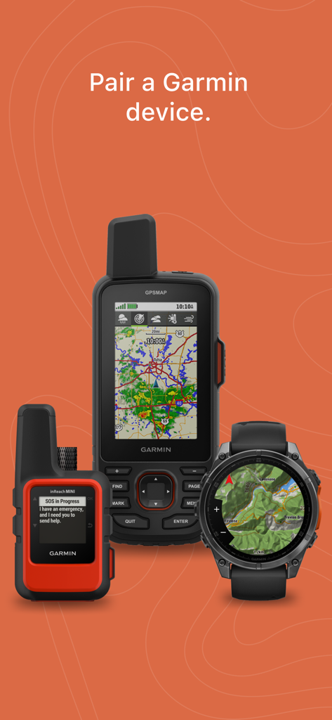 Una colección de dispositivos Garmin que incluye un inReach Mini, un dispositivo de mano GPSMAP y un reloj inteligente listos para el emparejamiento
