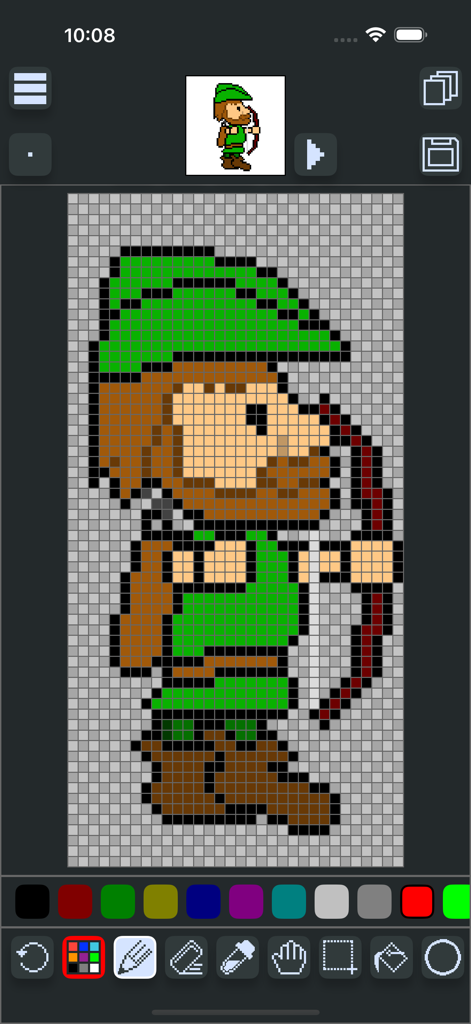 A pixel art archer character being edited on a grid within the Sprite Creator app