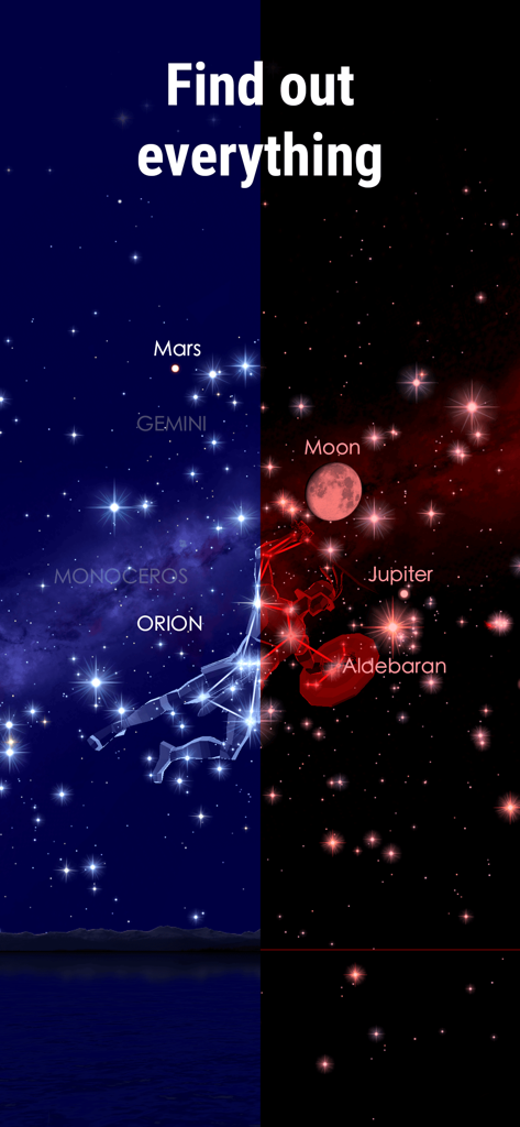 Split screen view of the Star Walk 2 Pro app identifying the Orion constellation and various planets
