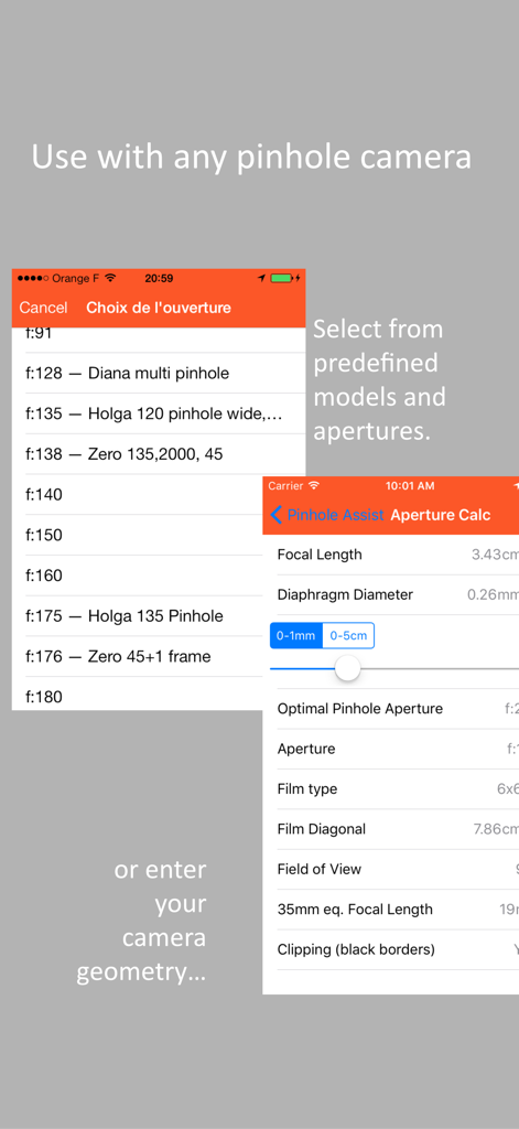 Pinhole Assist - Mobile screenshots of Pinhole Assist app showing camera aperture selection and custom geometry calculation screens