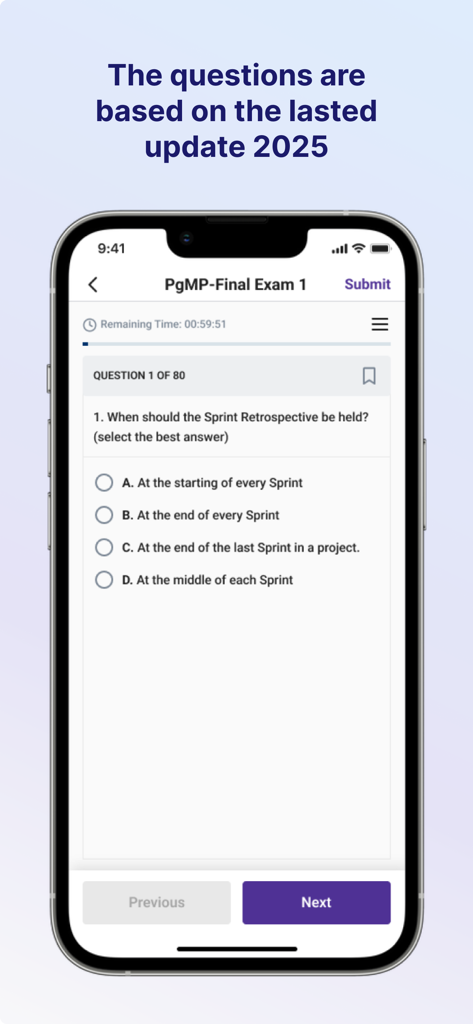 PgMP Exam Simulator - Interfaz de pregunta de práctica de la aplicación Simulador de Examen PgMP que muestra una pregunta de opción múltiple para la actualización 2025.