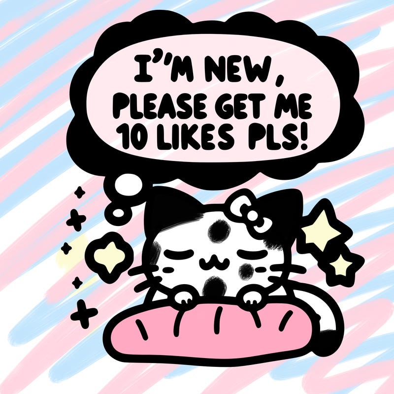 kitty taking a nap dream talking and saying "i'm new, please get me at least 10 likes pls!!"