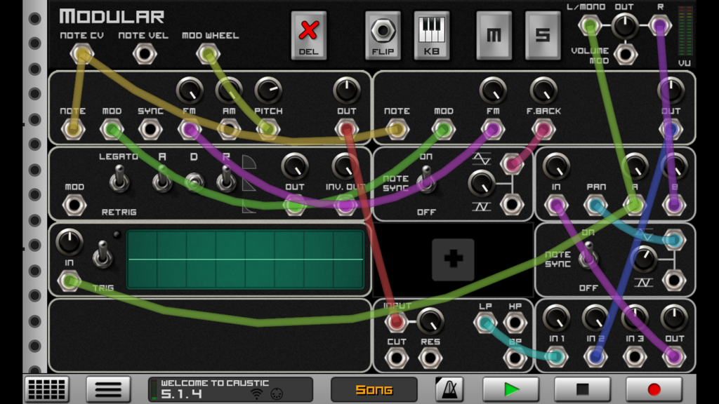 Interface of the Caustic 3 modular synthesizer showing virtual patch cables and analog-style sound modules