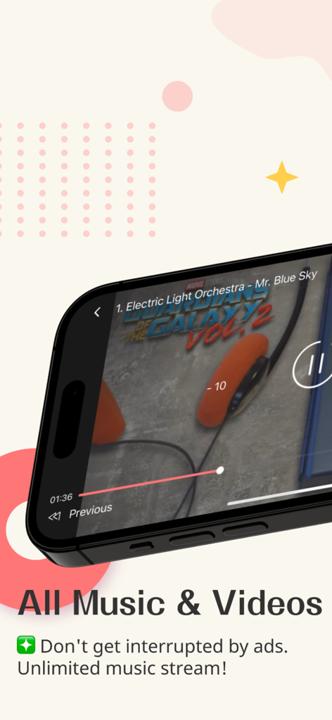 Smartphone zeigt die PartyTu-App mit einem Musikvideo-Player und der Textanzeige "Werbefreies Streaming"