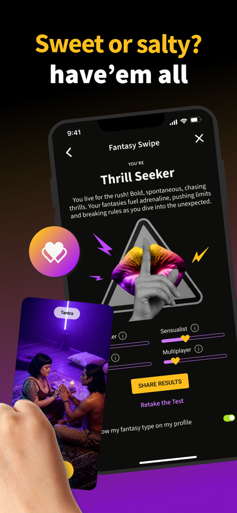 POPCORN: Date, Flirt, Connect - POPCORNデーティングアプリのインターフェース。ファンタジースワイプ機能とスリルシーカーの性格プロフィールの結果が表示されています。