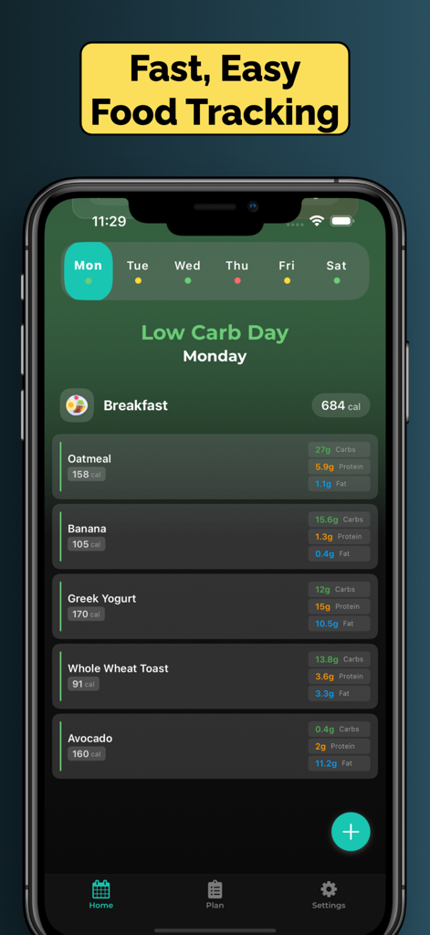 Carb Cycling Tracker・Carbner - Carbner app interface showing breakfast food tracking for a low carb day with macro and calorie counts