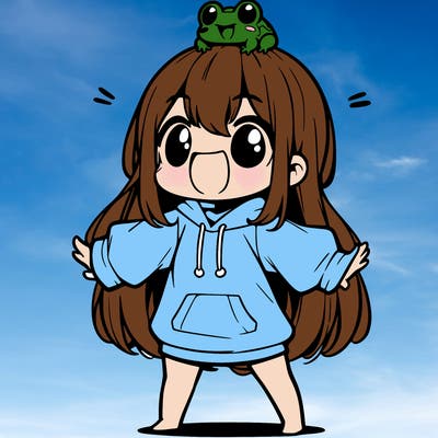 a excited chibi girl whith long hair and a baggy shirt whith a frog on there head