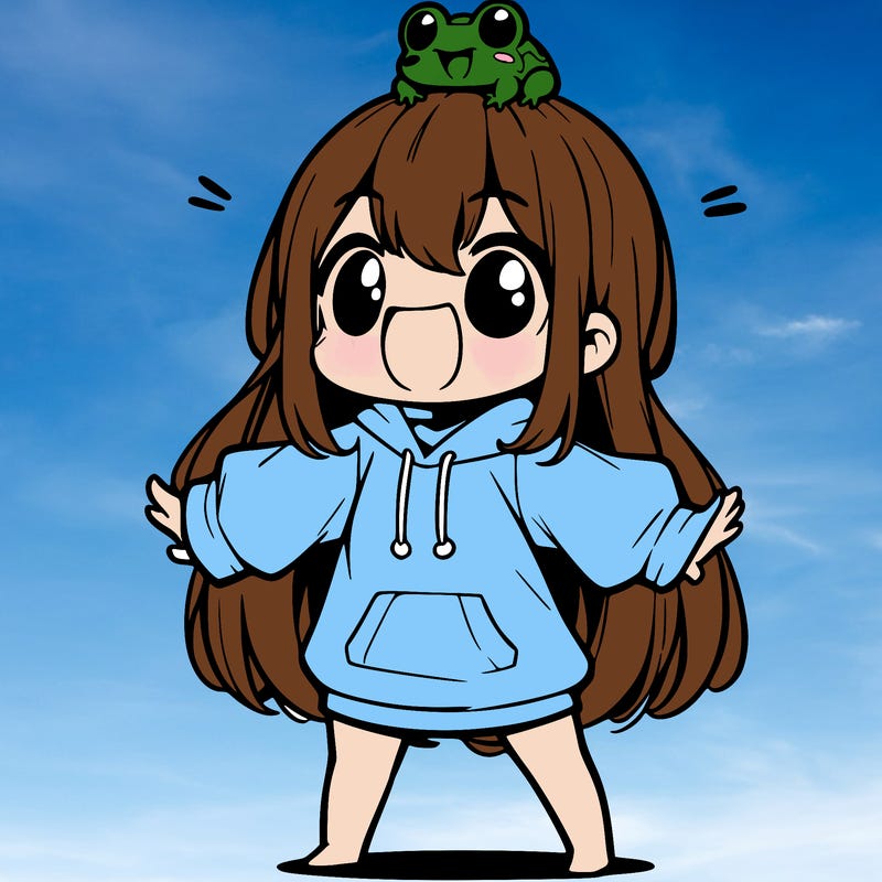 a excited chibi girl whith long hair and a baggy shirt whith a frog on there head
