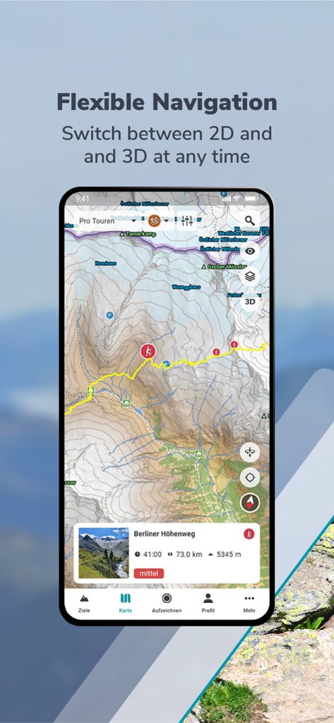 RealityMaps 3D tour planner - RealityMaps 3D app interface showing a 2D topographic hiking map of the Berliner Hohenweg