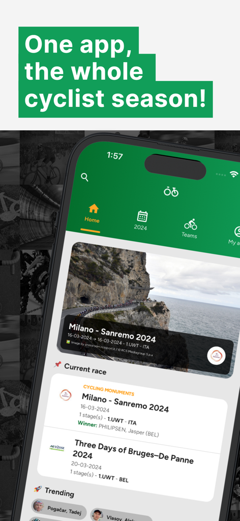 Cyclingoo: Cycling results - Home screen of the Cyclingoo app displaying 2024 cycling race results and trending professional cyclists.