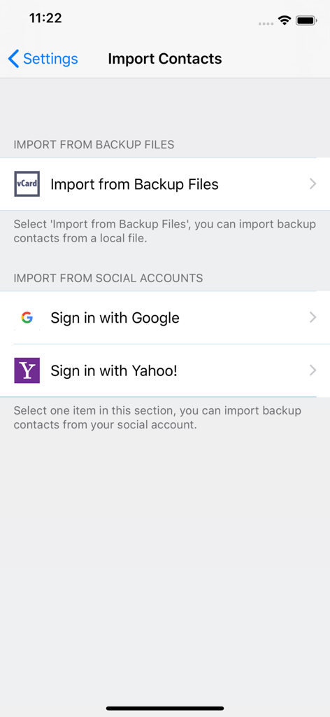Interface d'importation de contacts à partir de fichiers de sauvegarde ou de comptes sociaux comme Google et Yahoo
